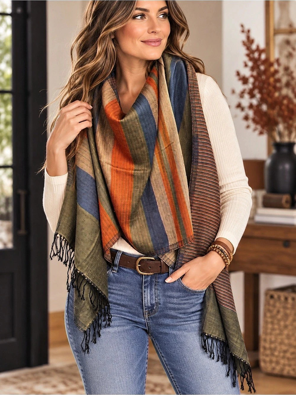 Color Block Fringe Scarf in Orange & Blue Like New